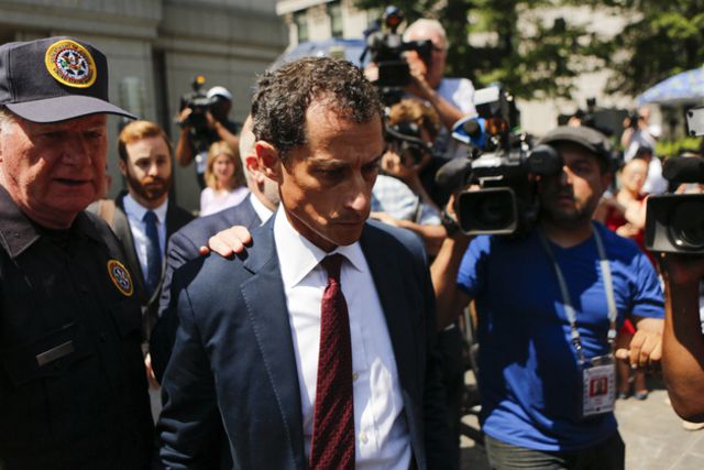 Anthony Weiner exits federal court in Manhattan after pleading guilty in sexting case on May 19